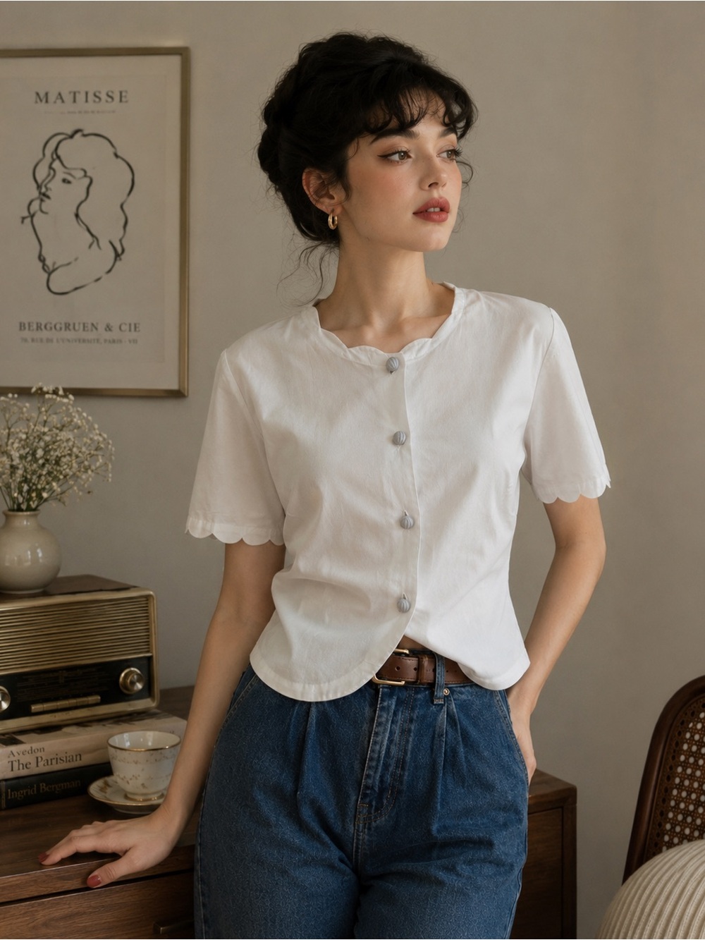 White Scalloped Button-Up Blouse